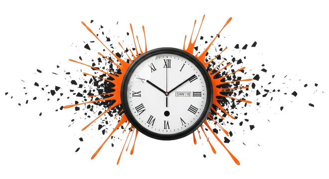 A clock face with roman numerals exploding outwards with orange paint splatters and black debris isolated on transparent background