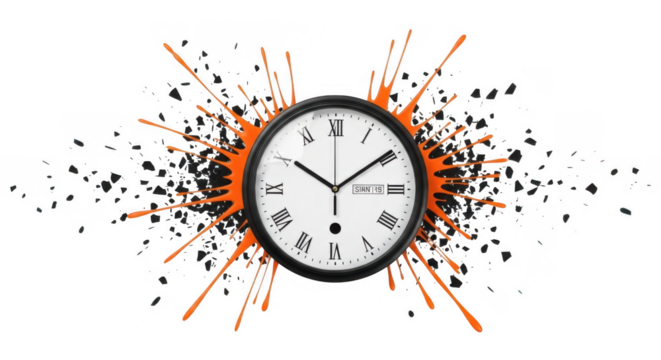 A clock face with roman numerals exploding outwards with orange paint splatters and black debris isolated on transparent background