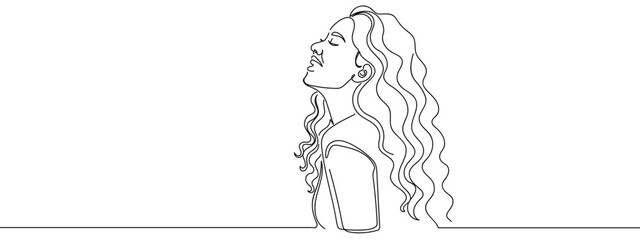 Obraz premium Continuous line of woman looking up at the sky. Single line art hand drawn vector. Editable stroke.