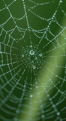 Dew-Kissed Web: A macro shot of a spider web glistening with water droplets against a vivid green background. This image captures the delicate beauty and intricate design of nature's artistry.