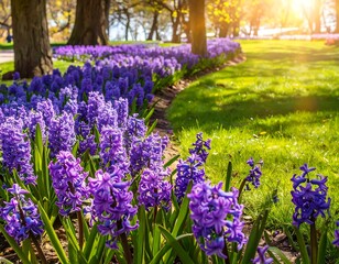 A vibrant display of purple hyacinths blooms in a sun-drenched park, creating a picturesque scene of spring's arrival.