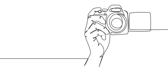 Continuous line of hand holding digital camera. Single line art hand drawn vector. Editable stroke.