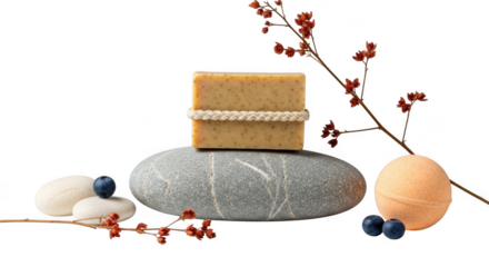 A bar of natural soap rests on a smooth gray stone, with blueberries and a small branch nearby isolated on transparent background