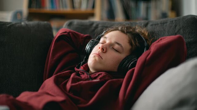 Medium shot of an exhausted individual slouching on a sofa headphones hanging loosely capturing the overwhelming energy drain postexercise.