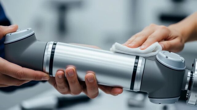 Hands wiping the newly fitted ra arm with a cloth emphasizing cleanliness and finish quality after replacement.