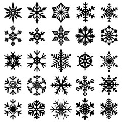 Collection of Twenty Five Intricate Snowflake Silhouettes on White Background winter crystal