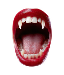 A female vampire’s mouth wearing red lipstick, wide open showing fangs, ready to suck blood isolated