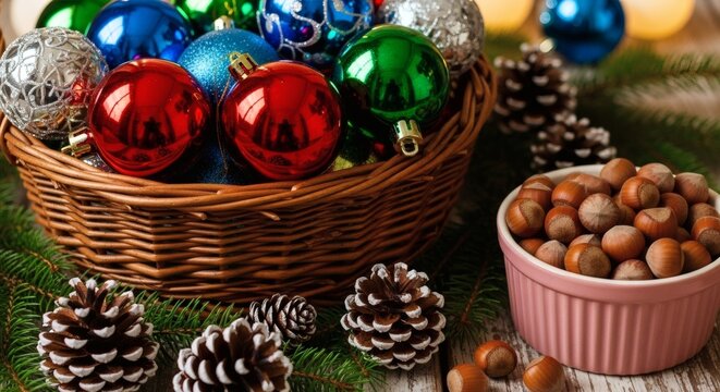 Festive christmas basket filled with ornaments, pine cones, and hazelnuts on a wooden table