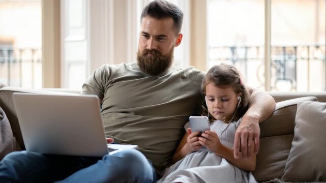 Digital nomad family, remote work lifestyle, work-from-home dad, parenting with technology, online job flexibility, modern fatherhood, tech-savvy family - Powered by Adobe