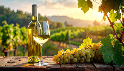 Naklejka premium Elegance of the Vineyard: Unlabeled White Wine Bottle and Glass on a Weathered Tabletop, Highlighted by Soft Light and Green Grapes, A Fresh and Inviting Composition.