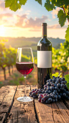 Cinematic Vineyard View: Unlabeled Red Wine Bottle and Glass on a Rustic Table, Framed by Grapes and Soft Light, Capturing the Essence of a Vine-to-Table Experience.