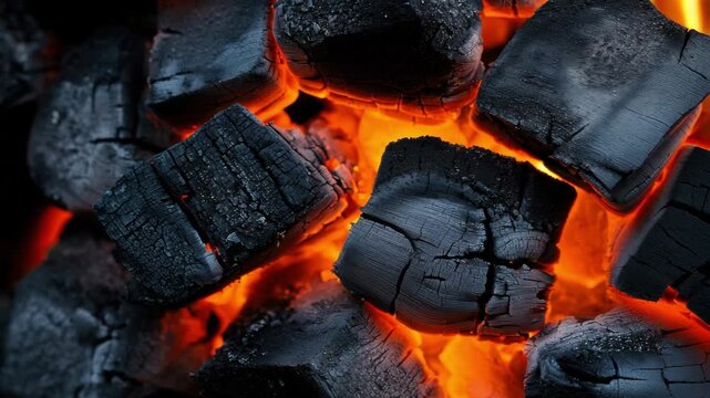 Charcoal pieces radiate bright orange heat in an outdoor grill, signaling a perfect moment for grilling meats or vegetables. The warm glow creates an inviting atmosphere for gatherings.