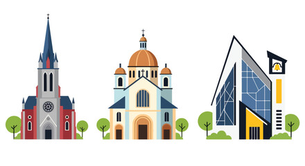 Set of flat style church illustrations, featuring classic, modern, and small chapel designs with unique architecture, perfect for religion, worship, and community concepts