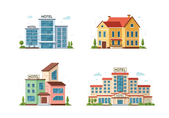 Set of flat style hotel building illustrations, featuring modern, classic, and boutique designs with unique architectural styles, perfect for travel, tourism, and hospitality concepts