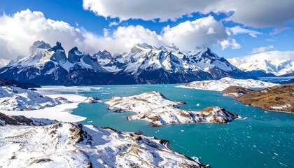 A breathtaking vista of a snow-capped mountain range, meeting a vibrant turquoise lake, with icy fragments dancing on its surface.