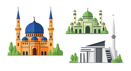 Set of flat style mosque illustrations, showcasing different Islamic architecture designs with domes, minarets, and cultural elements, representing worship, tradition, and heritage
