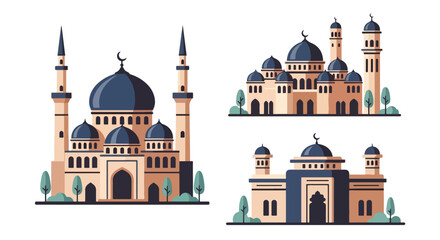 Set of flat style mosque illustrations, showcasing different Islamic architecture designs with domes, minarets, and cultural elements, representing worship, tradition, and heritage