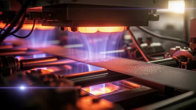 Zoomedin view of chemical vapor deposition reactor chamber where carbon precursor gases enable graphene growth on moving flexible sheets.