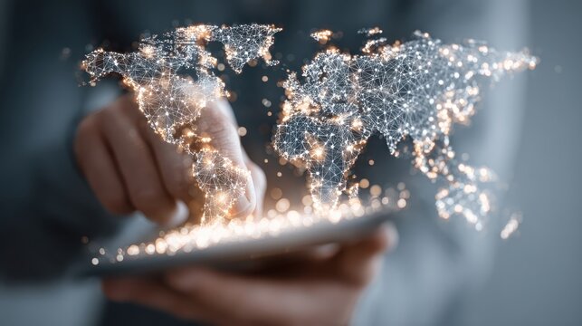 Person touches sparkling world map on tablet device screen representing global communication and technological connection, innovation, and worldwide business expansion