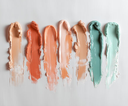 Muestras de maquillaje o pintura en tonos beige, terracota, melocot&oacute;n y verde sobre fondo gris claro, ideales para contenido visual de belleza, cosm&eacute;tica, textura y dise&ntilde;o art&iacute;stico moderno.