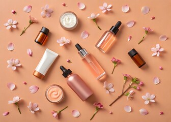 Obraz premium Luxurious skincare products and delicate flower petals arranged artfully