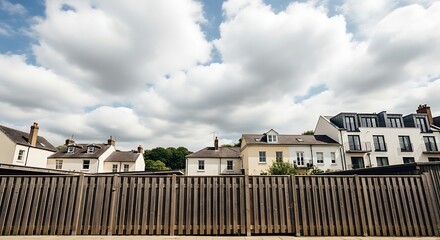 Residential Houses Behind a Wooden Fence Under a Cloudy Sky.