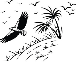 Tropical Bird and Landscape Silhouette