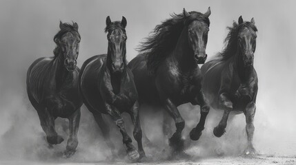 Majestic black horses galloping through dust during sunset in a dramatic natural setting