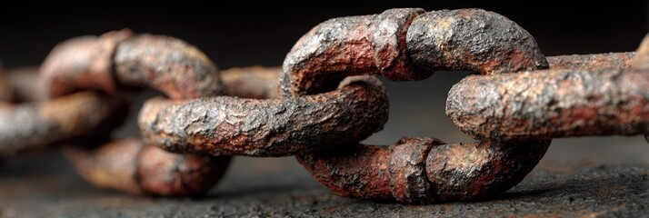 Close-up of weathered metal chain links with signs of corrosion and wear in a dark setting