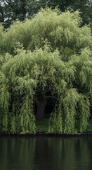 Obraz premium Lush willow tree by tranquil pond in green park landscape