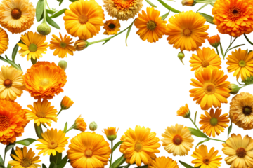 Frame of orange calendula flowers isolated on transparent background