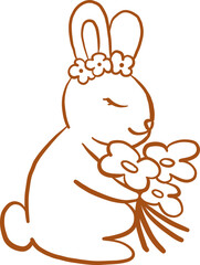 Doodle Style Bunny With Floral Crown And Bouquet