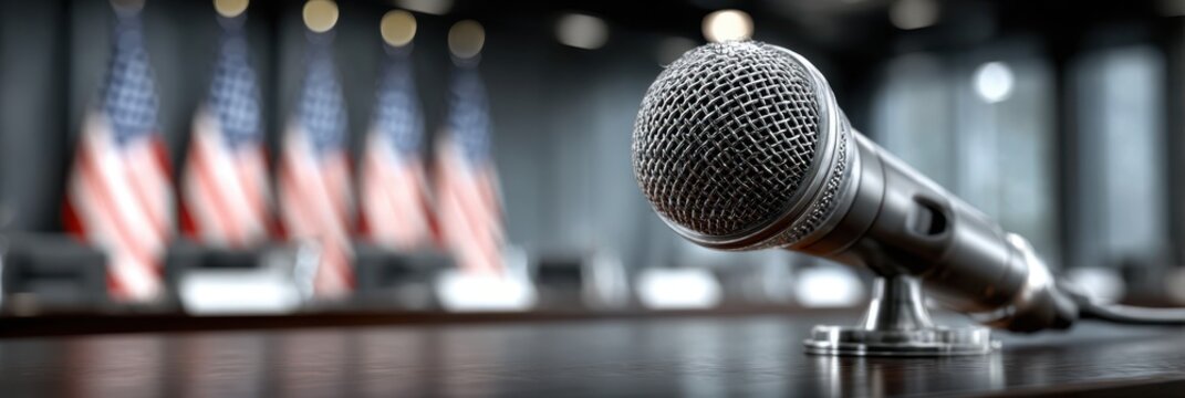 Microphone positioned on a table in front of flags during a formal announcement at a government building