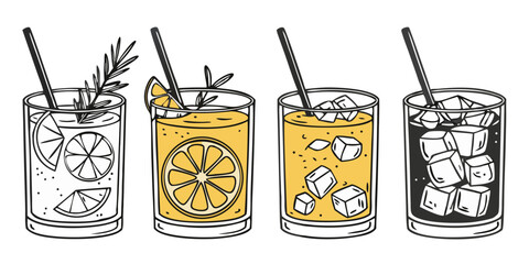 a set of classic iced cocktails with citrus and herbal garnishes isolated on white background.