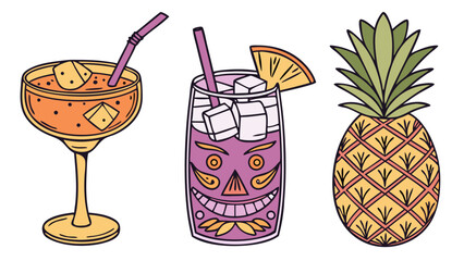 tropical cocktails with pineapple garnish - tiki bar summer drinks illustration design.