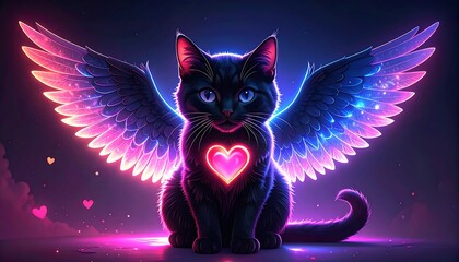 A glowing, black cat with vibrant wings and a glowing heart, set against a backdrop of night and light, embodies a mystical and enchanting creature.