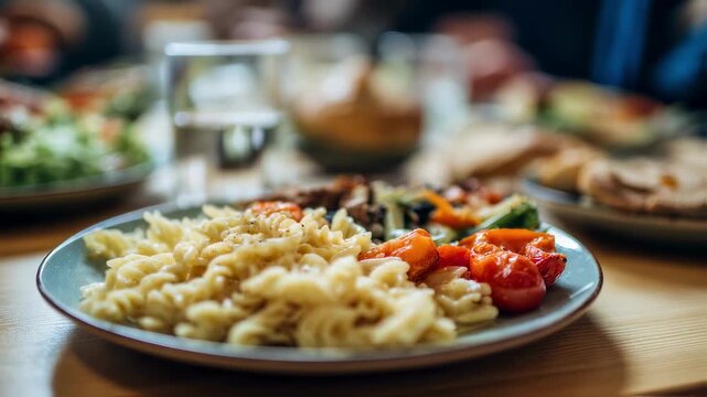 Medium shot of a plate with small portioned glutenfree pasta main dish sharply in focus while surrounding tableware and people fade softly representing portion control and special