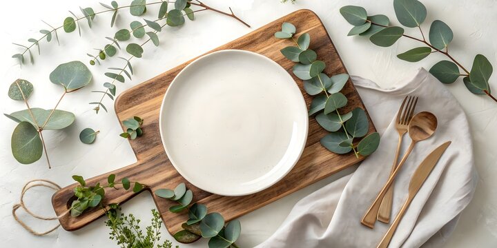 Elegant table setting with oval plate and eucalyptus greenery