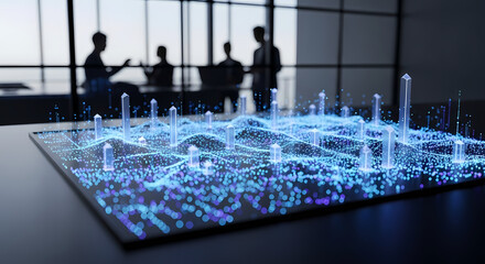 Futuristic digital data visualization on a tablet with blurred business people in a meeting room