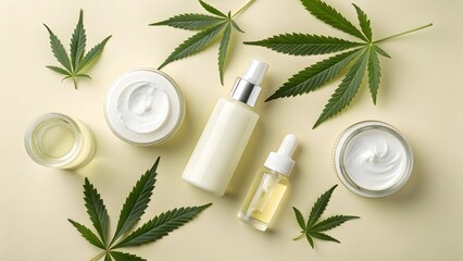 Natural cannabis infused skincare products and leaves