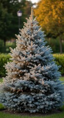 Lush blue spruce in sunlit park landscape with vibrant foliage