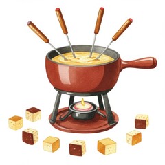 Warm Cheese Fondue in Rustic Red Pot with Bread Cubes