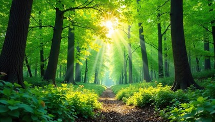 Obraz premium Lush green forest canopy, sunlight dappling through leaves, vibrant spring foliage, tranquil woodland scene, peaceful nature backdrop , woodland, forest floor