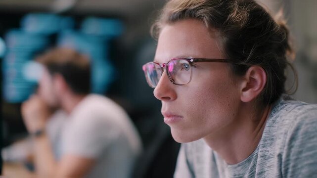 Medium shot of a focused programmer debugging opengovernment data code blurred teammates collaborating over project boards in the background.