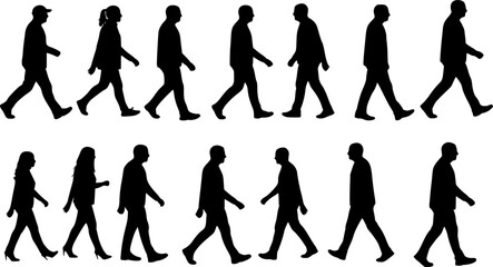 Fototapeta premium Walking people silhouettes collection of various men and women vector illustration 