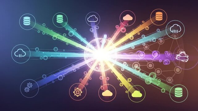 Dynamic data flow visualization connects diverse digital assets to a central network hub.