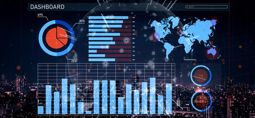 This image showcases a futuristic data dashboard featuring various graphs and a world map overlaying a vibrant city skyline at night. Impute