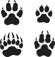 Fototapeta premium Four animal paw prints in black vector silhouettes for wildlife theme design and decoration