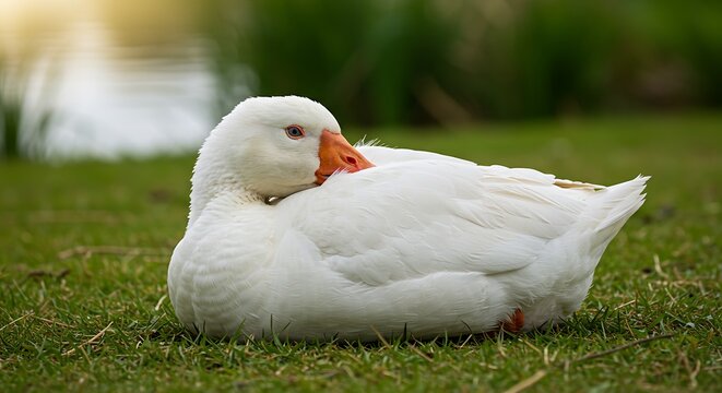 Peaceful moments: A white goose rests serenely on the lush green grass by the lake