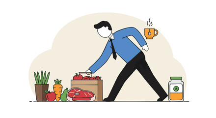 Man Reaching for Healthy Food Choices Balanced Diet and Lifestyle Illustration